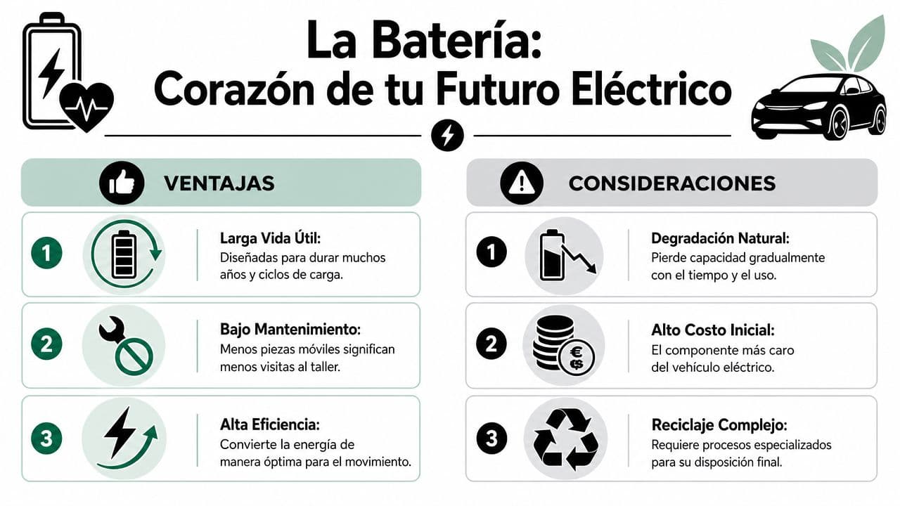 Infografía sobre las ventajas y consideraciones clave de las baterías para vehículos eléctricos modernos.