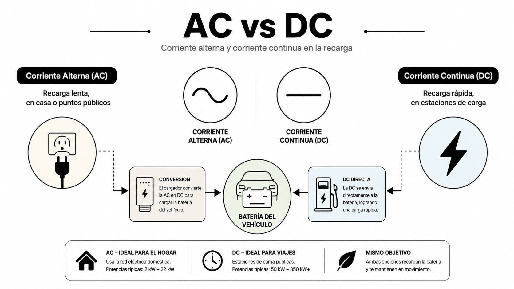 Infografía comparativa que explica las diferencias entre la recarga de vehículos eléctricos con corriente alterna y continua.