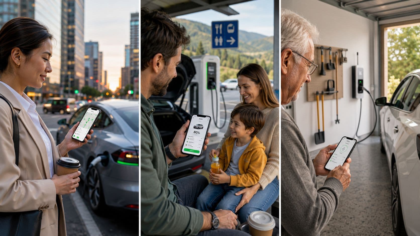 Varias personas utilizan una aplicación móvil para gestionar la carga de sus vehículos eléctricos en diferentes entornos.
