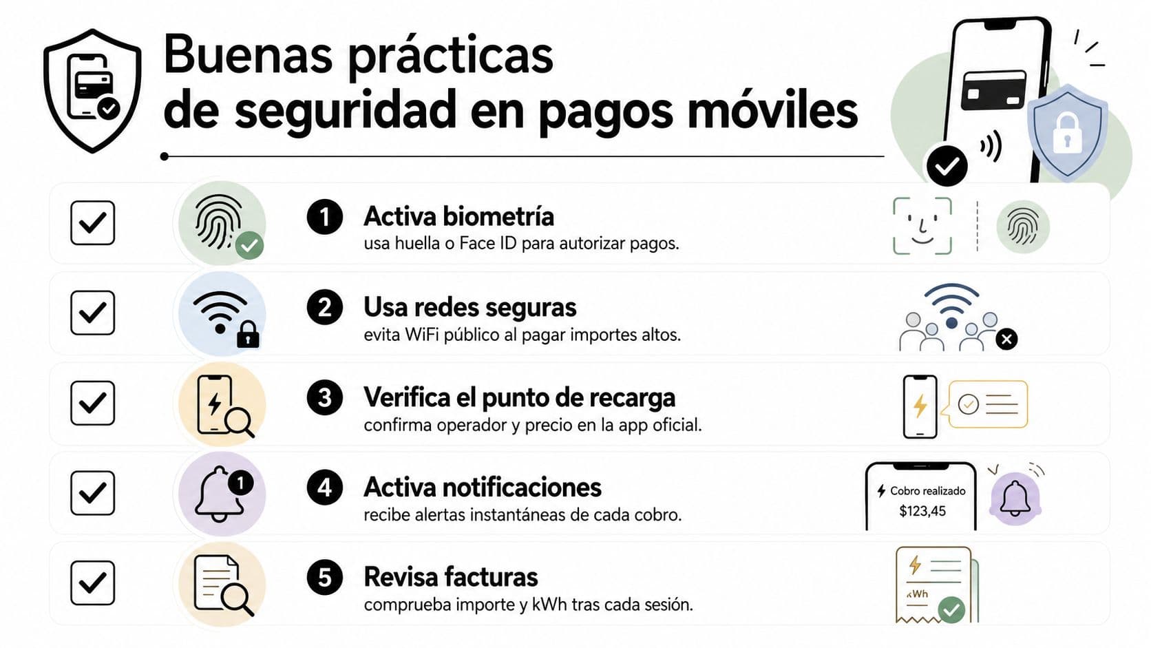 Infografía sobre buenas prácticas de seguridad para realizar pagos de forma segura utilizando aplicaciones móviles.