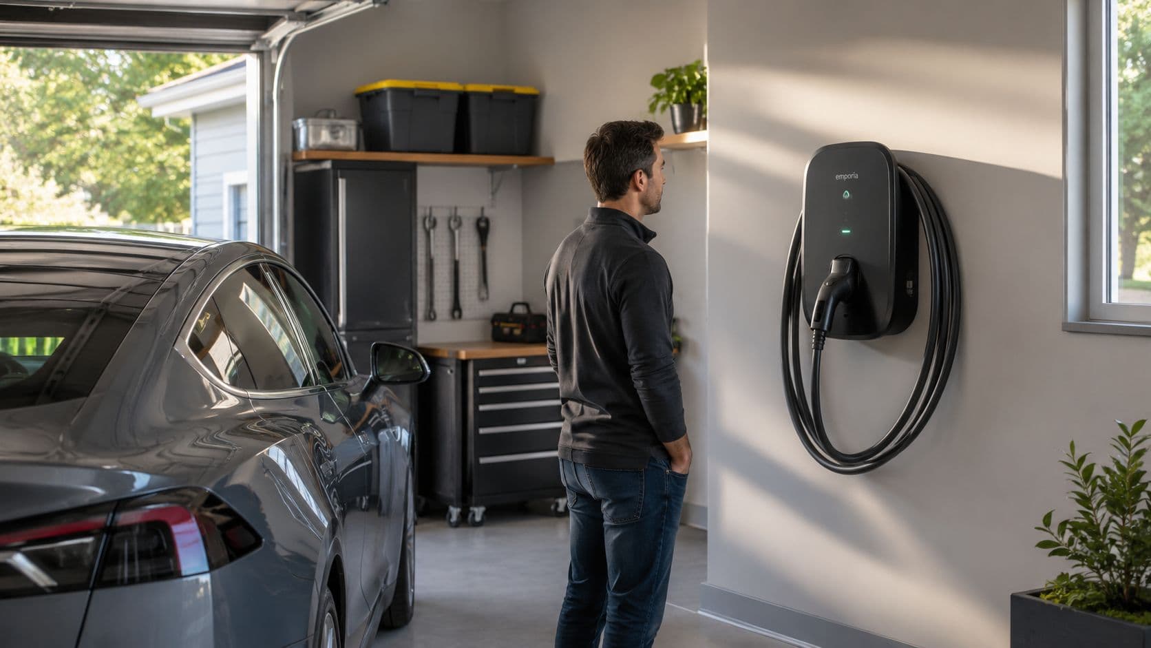 Un hombre observa un cargador de coche eléctrico de la marca Emporia instalado en su garaje moderno.