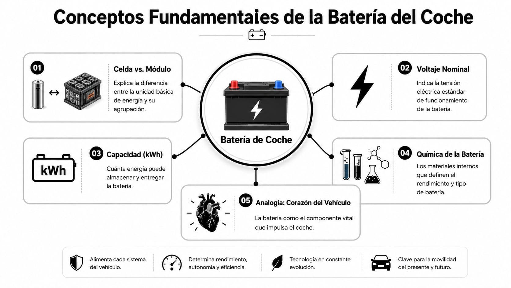 Infografía sobre los conceptos fundamentales de las baterías de coche y su funcionamiento básico.