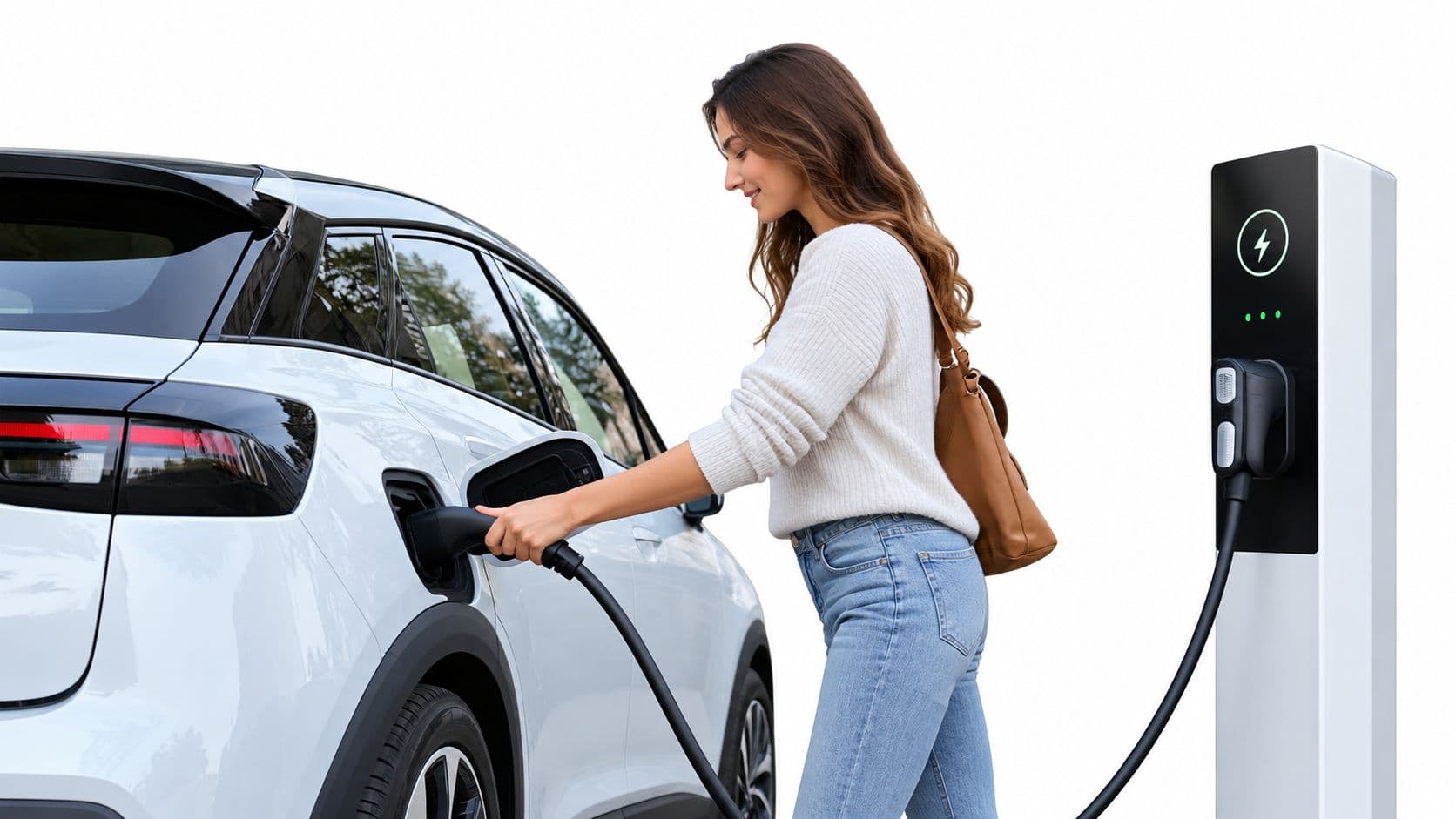 Mujer joven conectando un cable de carga a su coche eléctrico en una estación de carga pública.