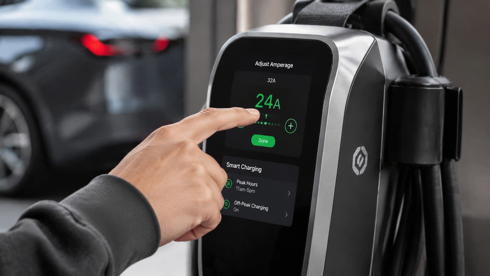 Una mano ajustando el amperaje en la pantalla táctil de un cargador de coche eléctrico portátil.