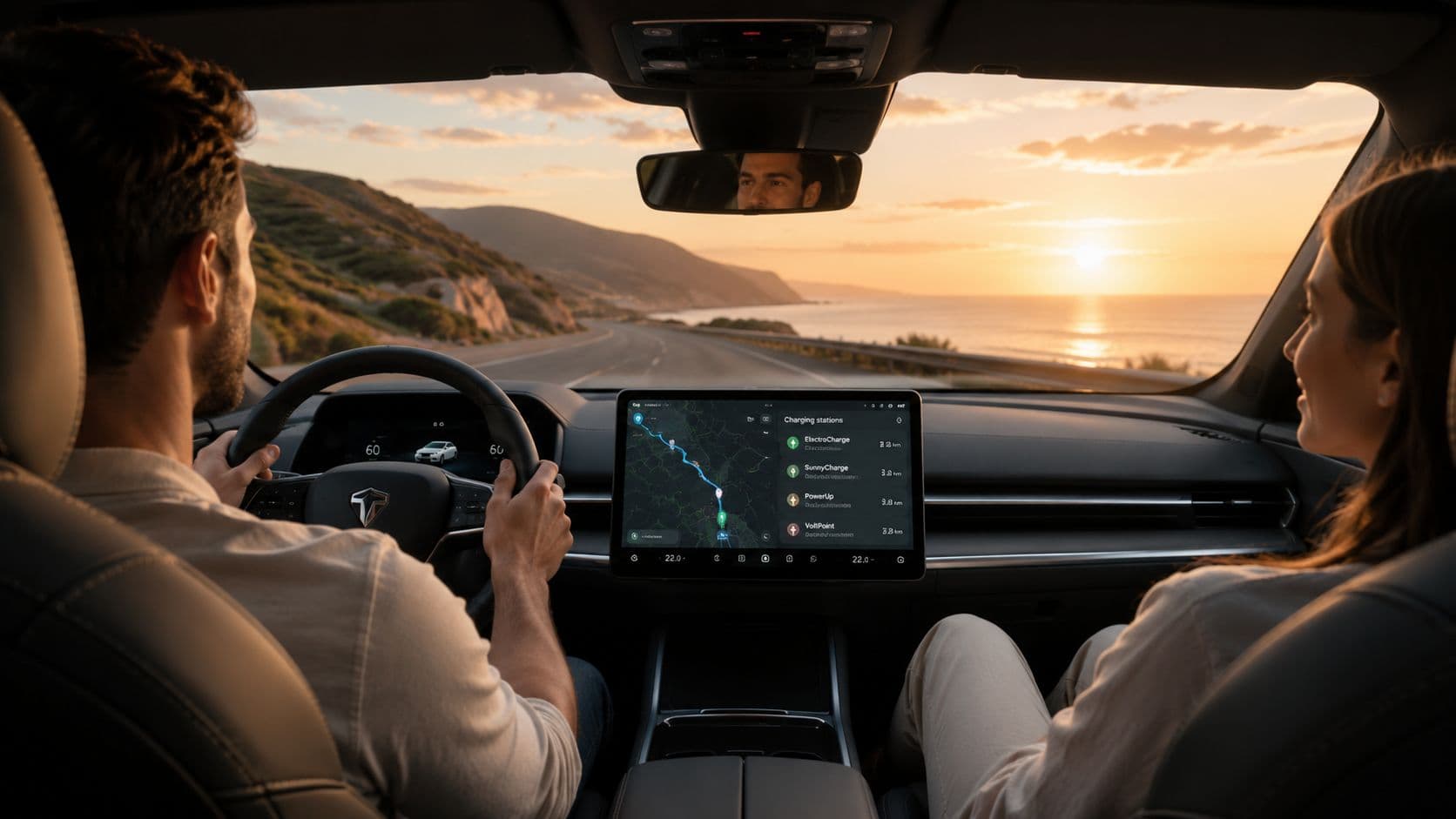 Una pareja conduce un coche eléctrico durante un atardecer escénico junto a la costa con pantalla táctil.