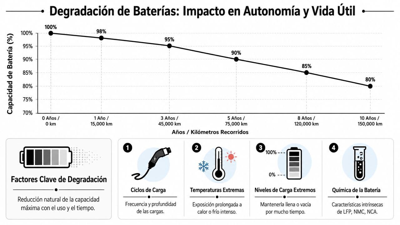Gráfico que ilustra la degradación de la batería de un coche eléctrico a lo largo del tiempo y kilometraje.