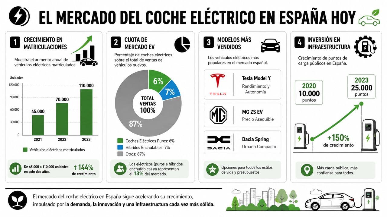 Infografía sobre el crecimiento, cuota de mercado e infraestructura del coche eléctrico en el mercado español actual.