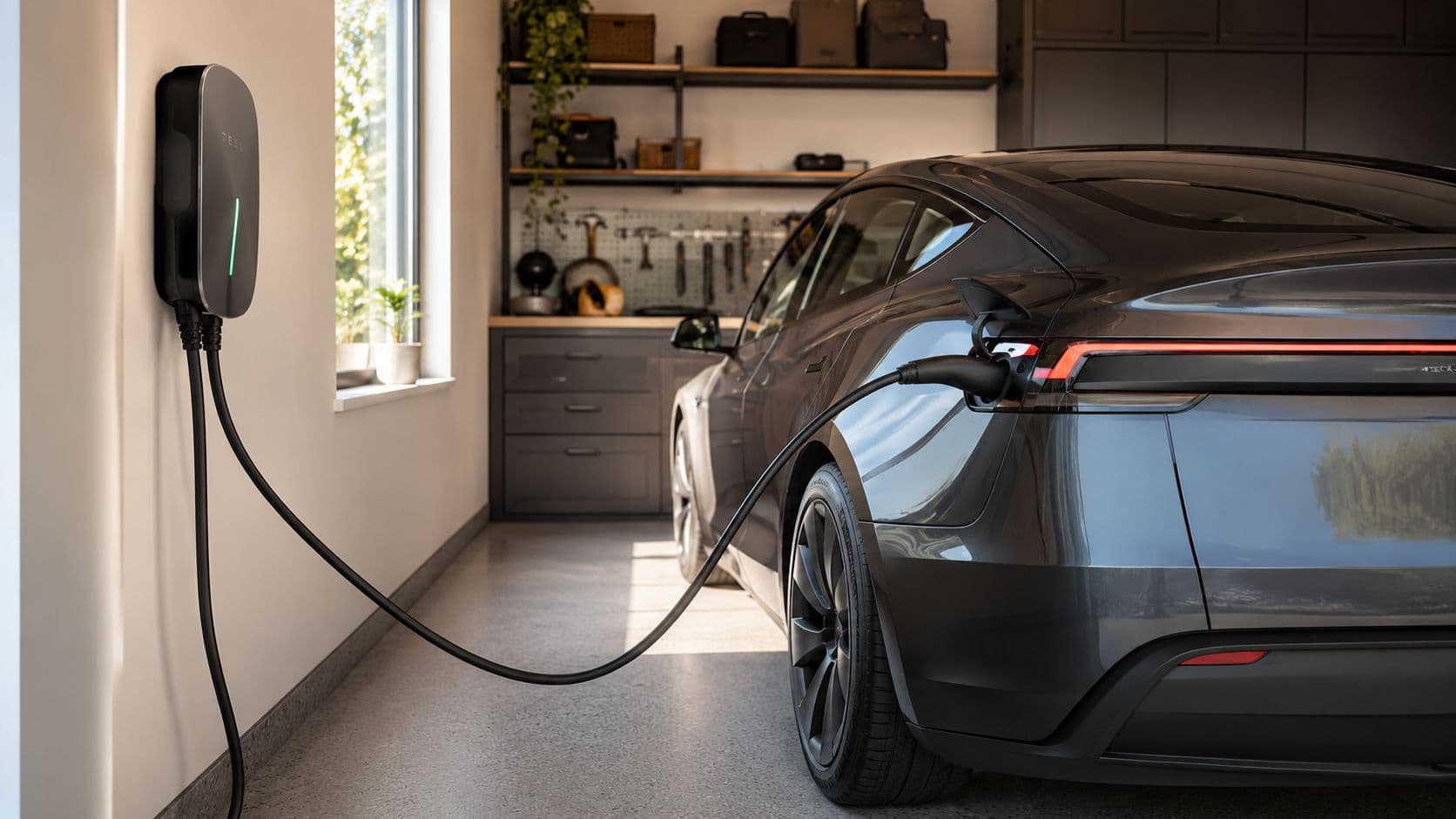 Un coche eléctrico Tesla de color gris oscuro cargándose en el garaje con un cargador de pared.