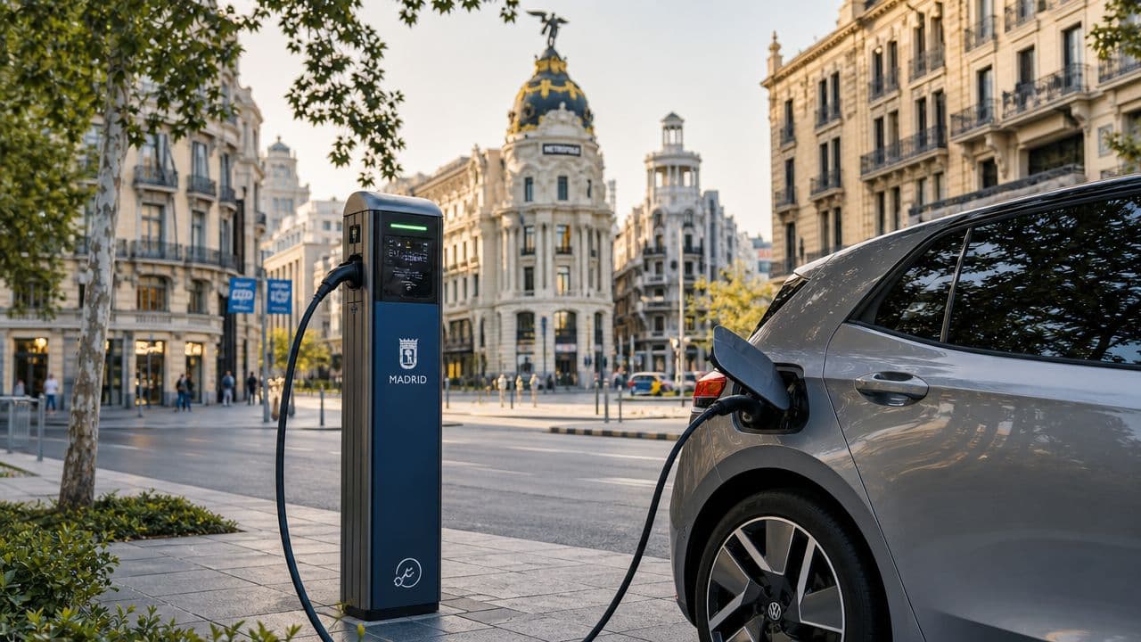 Un coche eléctrico cargándose en una estación de carga urbana en la ciudad de Madrid durante el día.