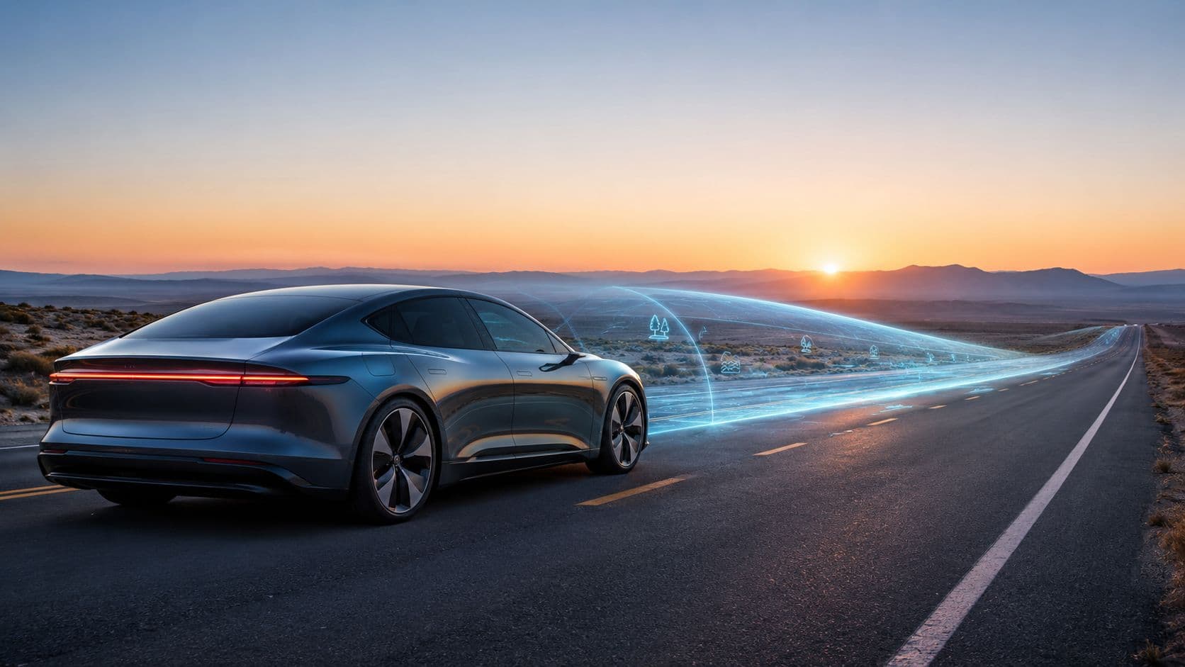 Un coche eléctrico de lujo circulando por una carretera al atardecer con tecnología de asistencia a la conducción.