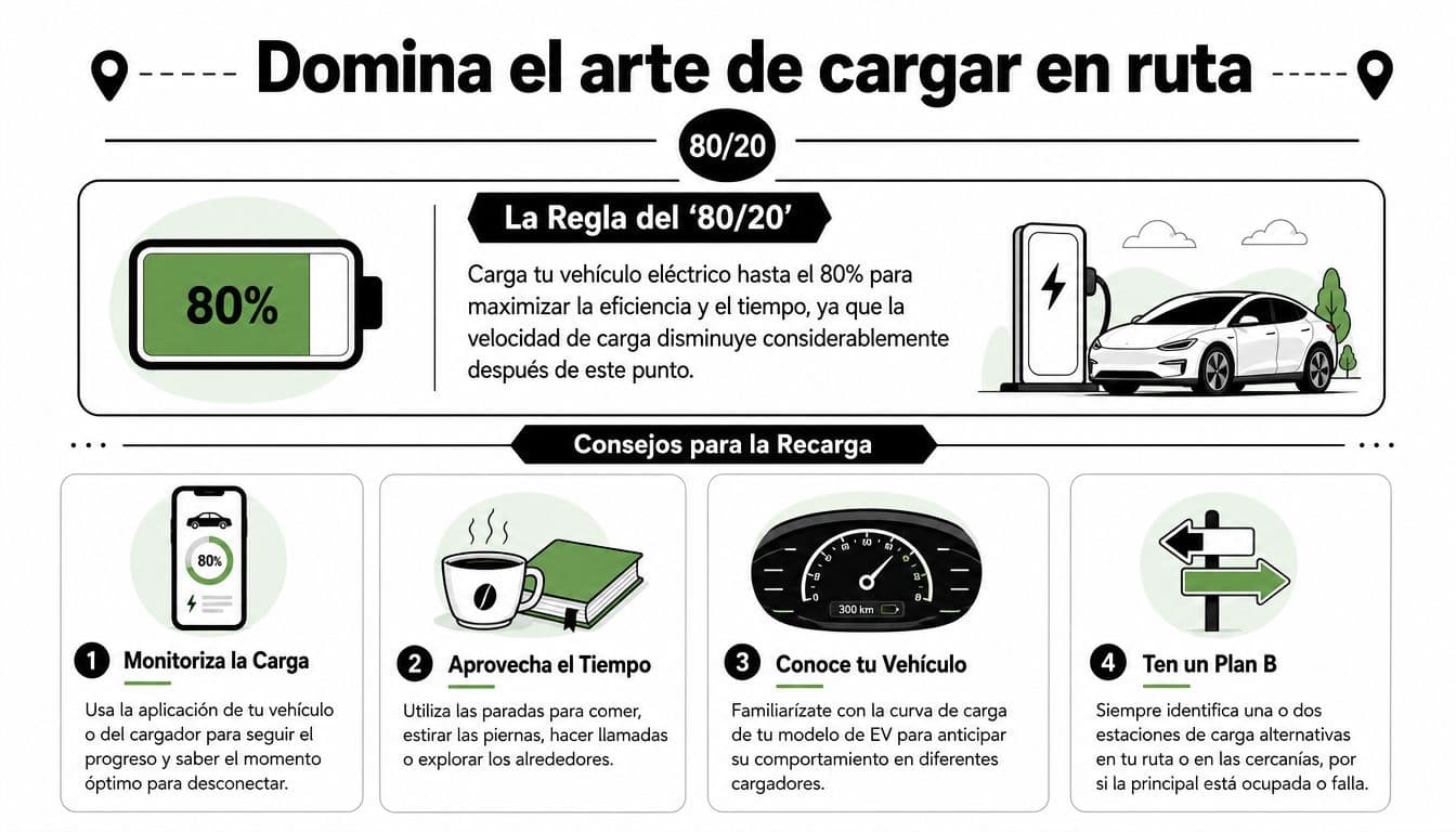 Infografía sobre cómo cargar un vehículo eléctrico en ruta optimizando el tiempo con la regla del 80/20.