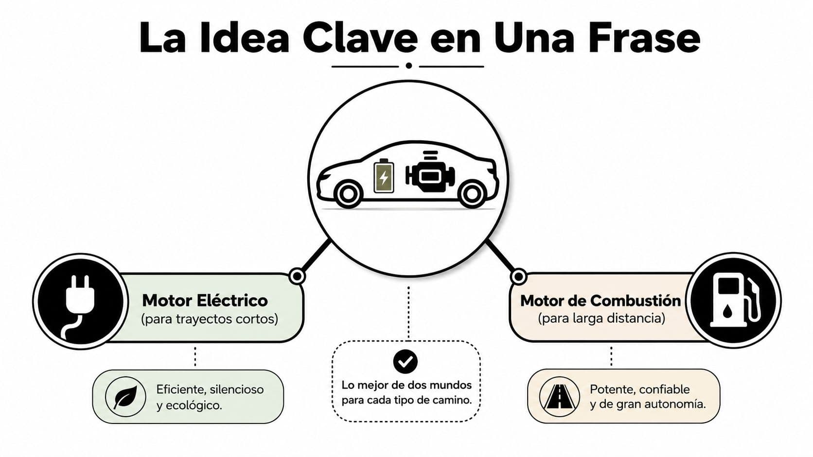 Esquema ilustrativo explicando cómo funcionan los vehículos híbridos enchufables combinando motor eléctrico y de combustión interna.