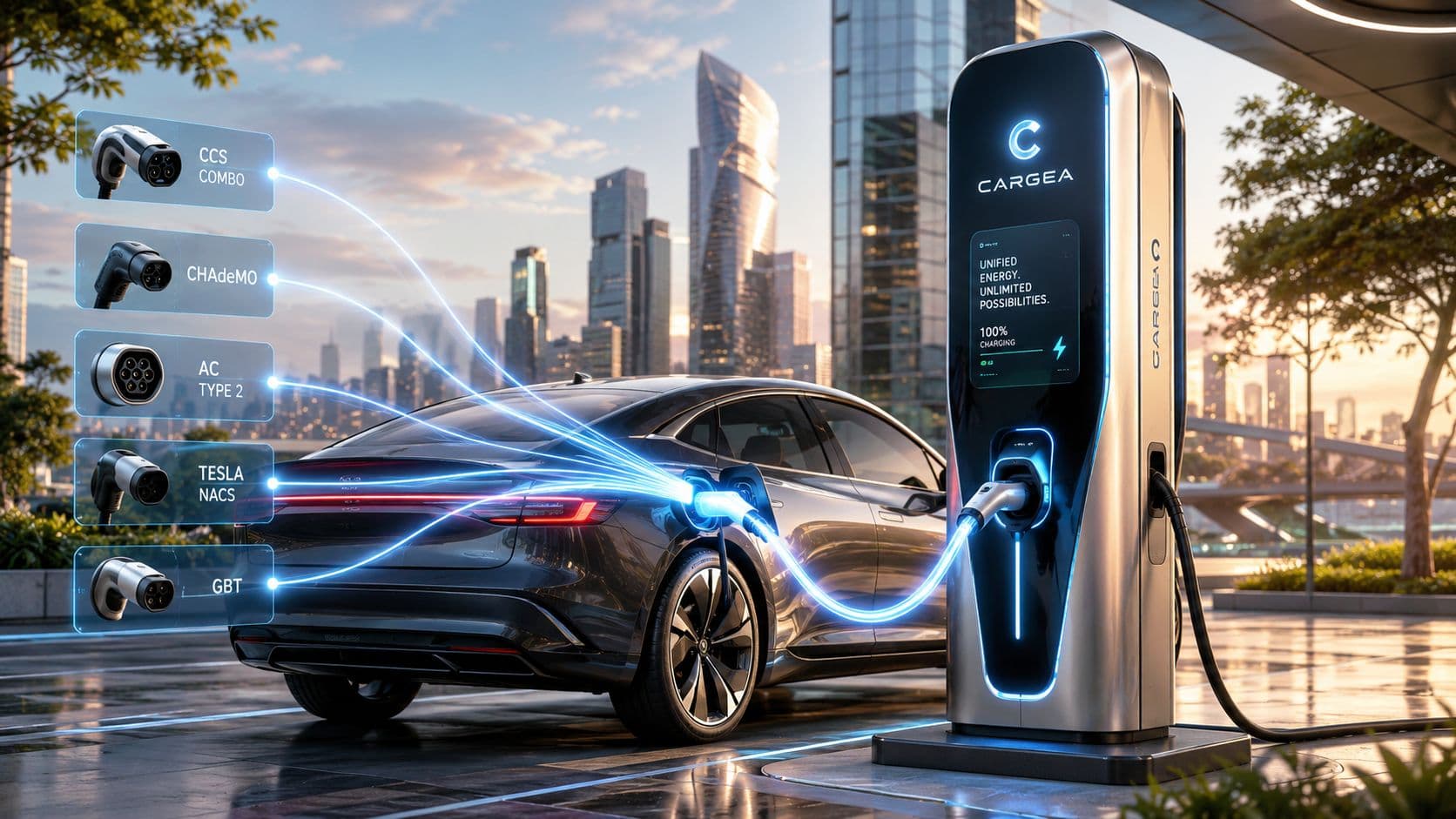 Estación de carga eléctrica CARGEA conectada a un automóvil moderno en un entorno urbano al atardecer.