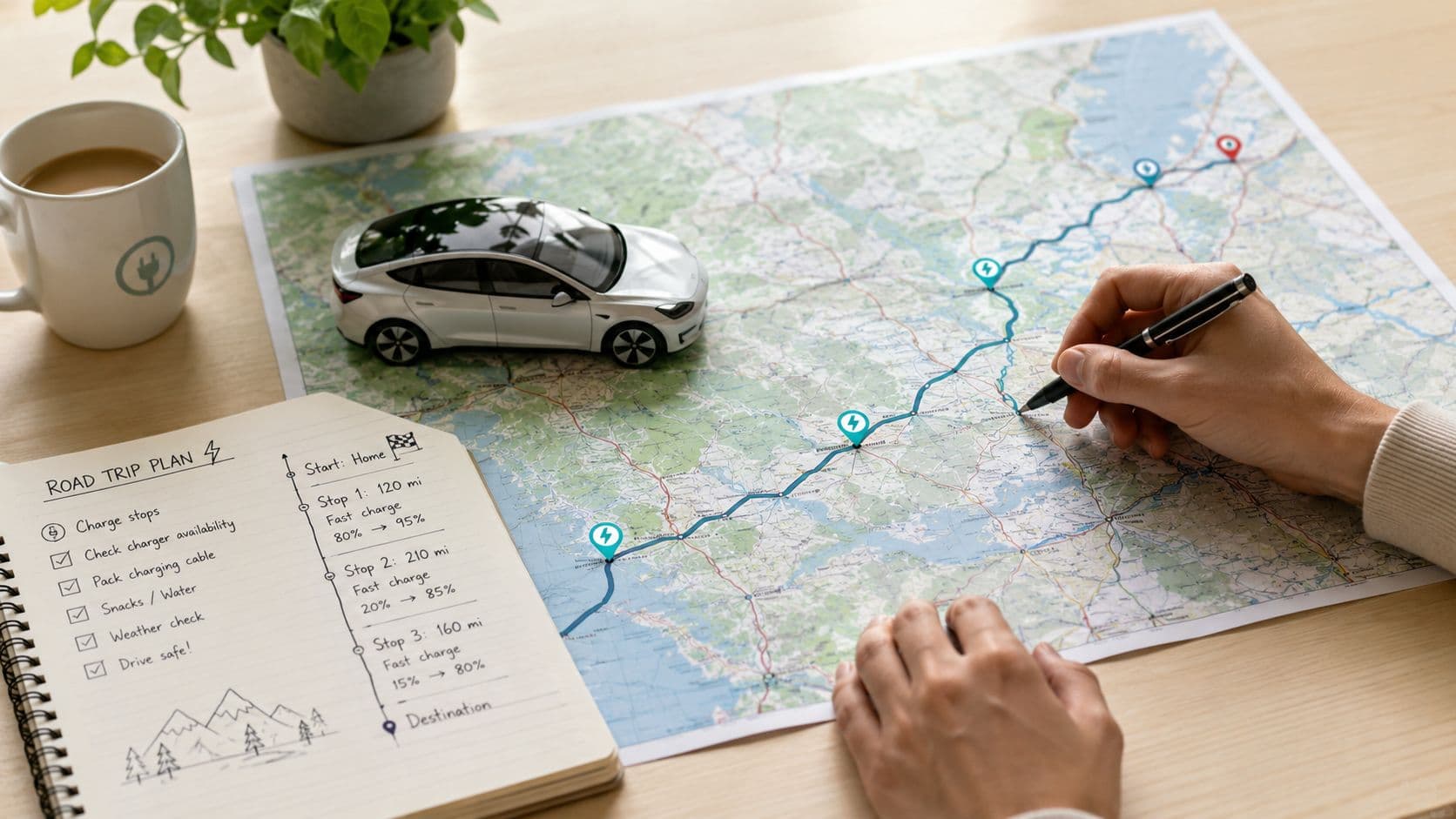 Una persona planeando una ruta de viaje en un mapa con un coche eléctrico de juguete.