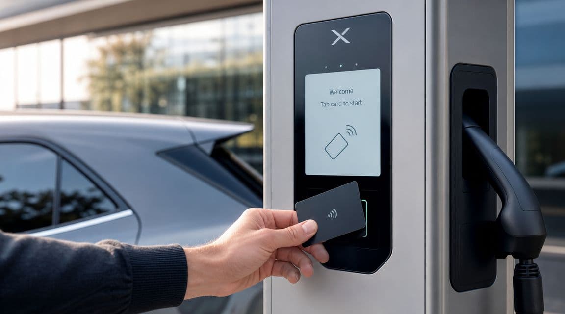 Una mano acerca una tarjeta RFID a un cargador de vehículo eléctrico en una estación pública.