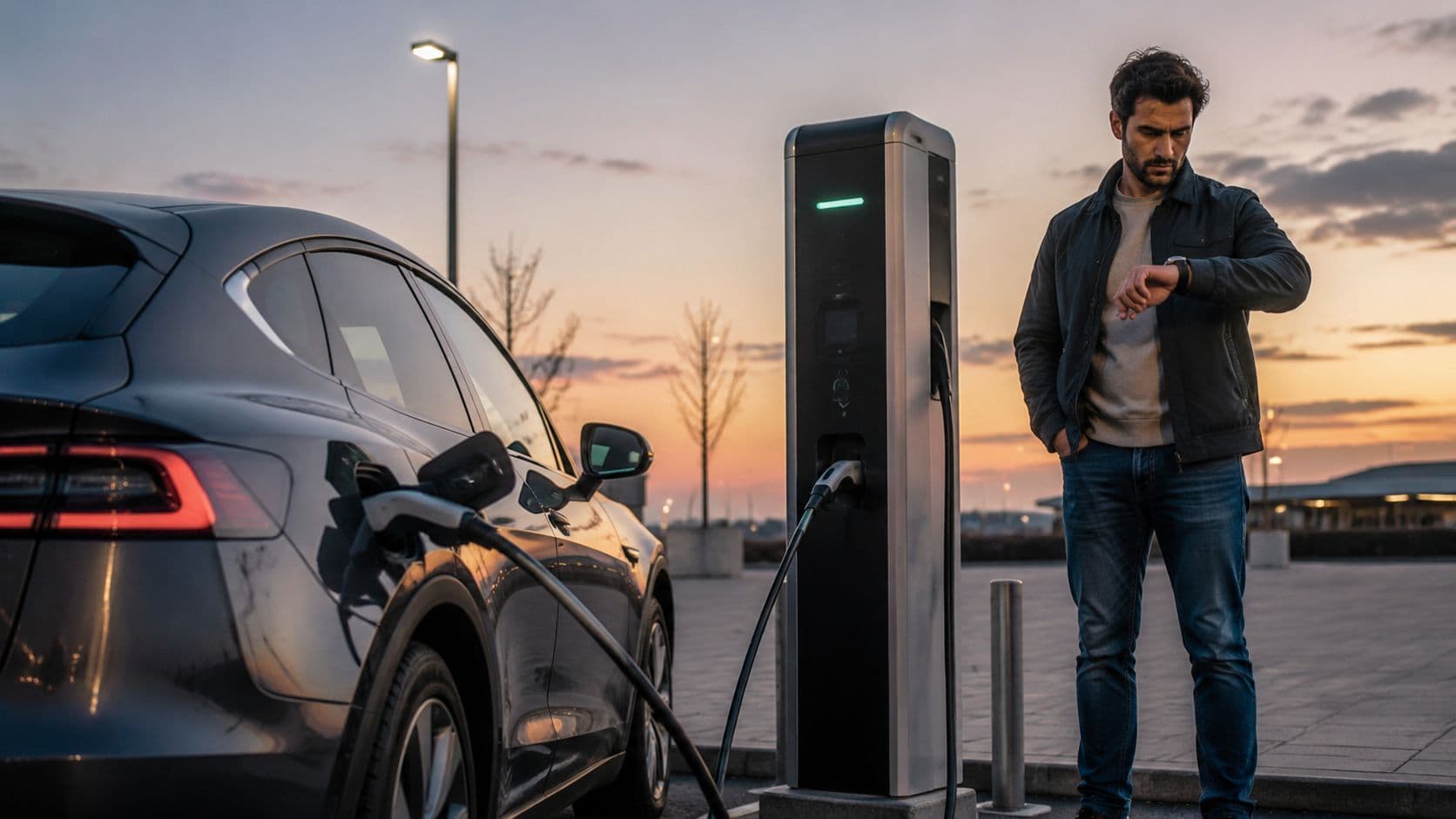 Un hombre mirando su reloj mientras su vehículo eléctrico se carga en una estación durante el atardecer.