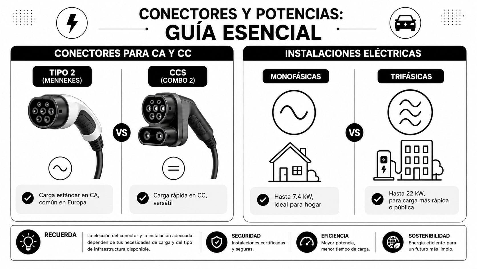 Guía informativa sobre conectores de carga para vehículos eléctricos, comparando tipos de conectores e instalaciones eléctricas.