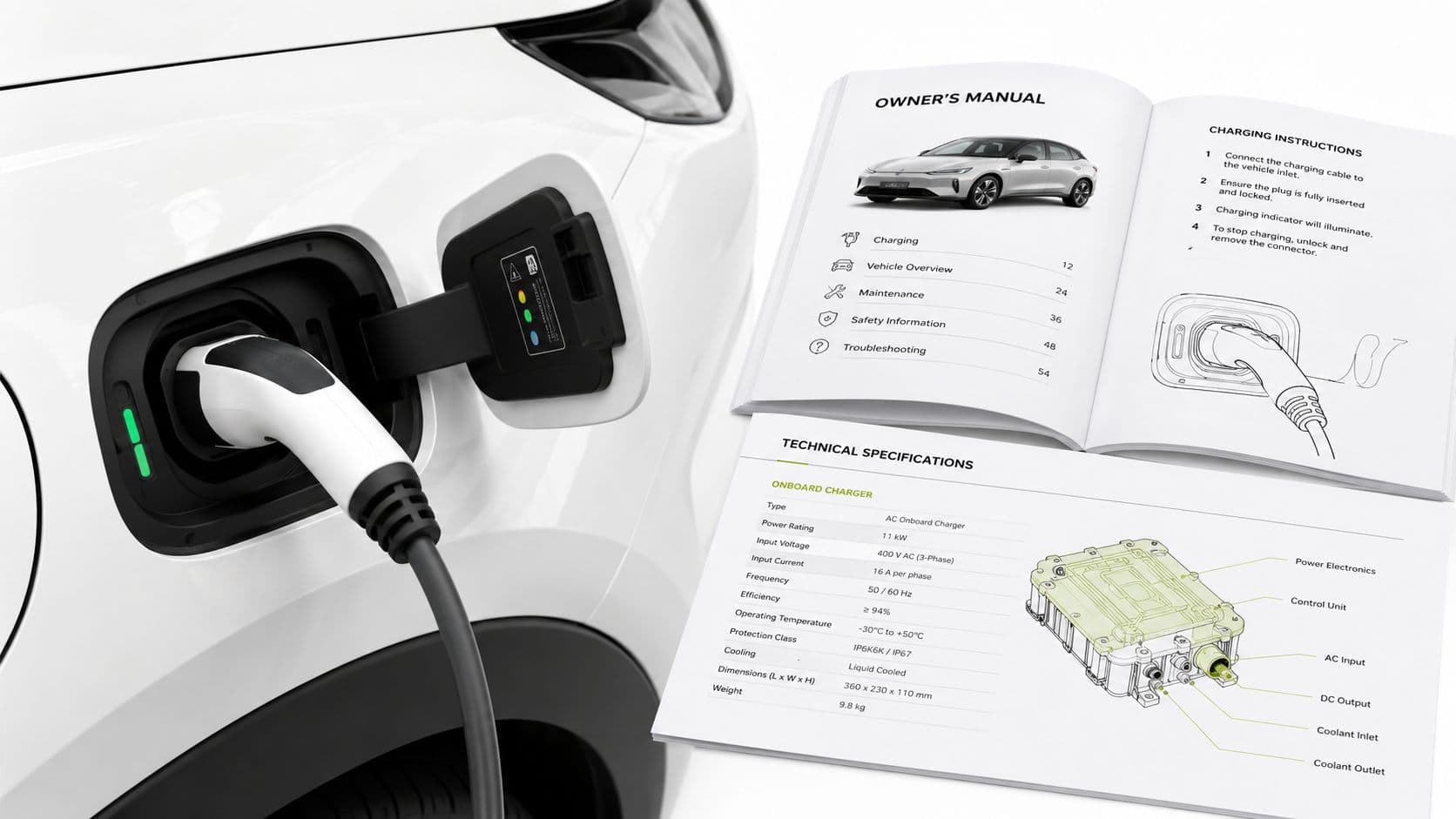 Un coche eléctrico cargándose junto a un manual técnico detallando especificaciones y procedimientos de carga.
