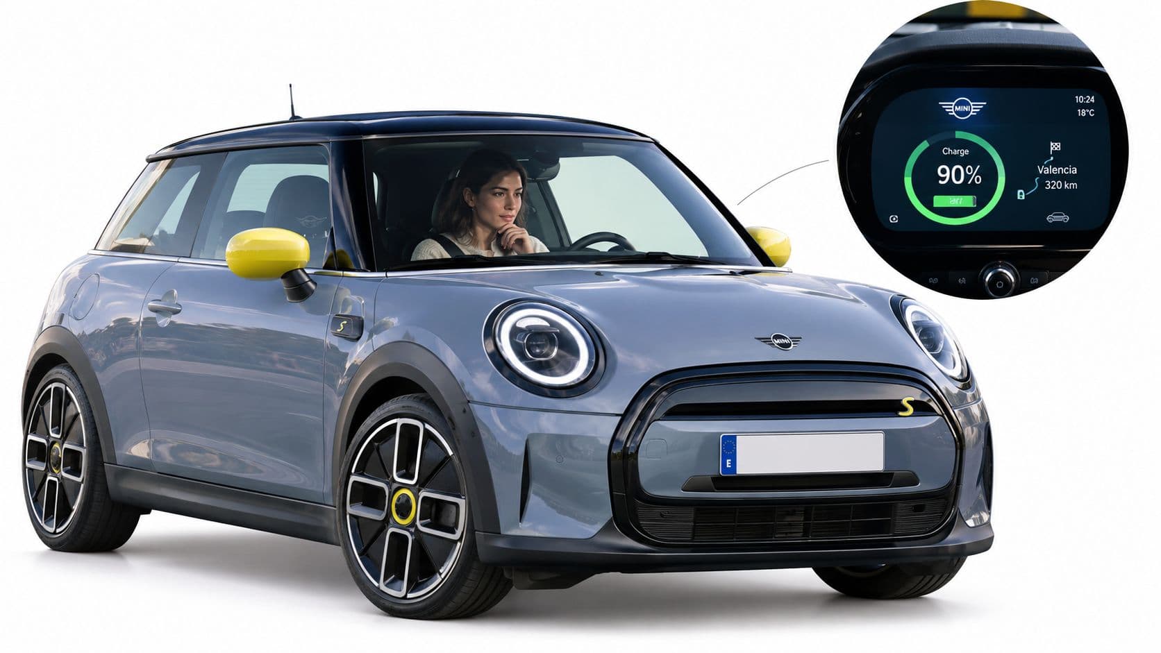 Un coche eléctrico Mini gris con detalles amarillos y una mujer al volante, incluyendo pantalla con autonomía.