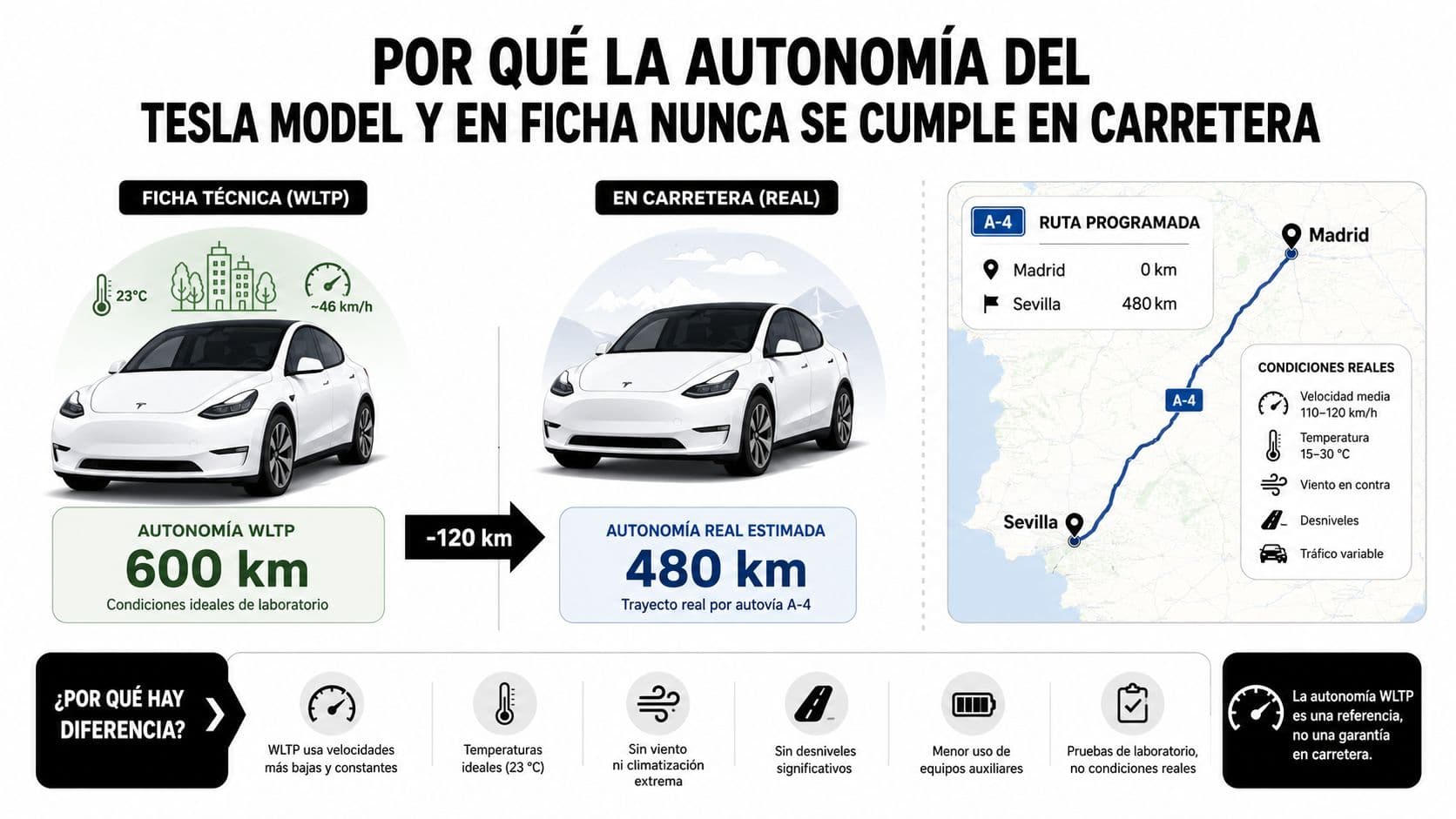 Comparativa gráfica que explica por qué la autonomía real del Tesla Model Y es menor a la WLTP.