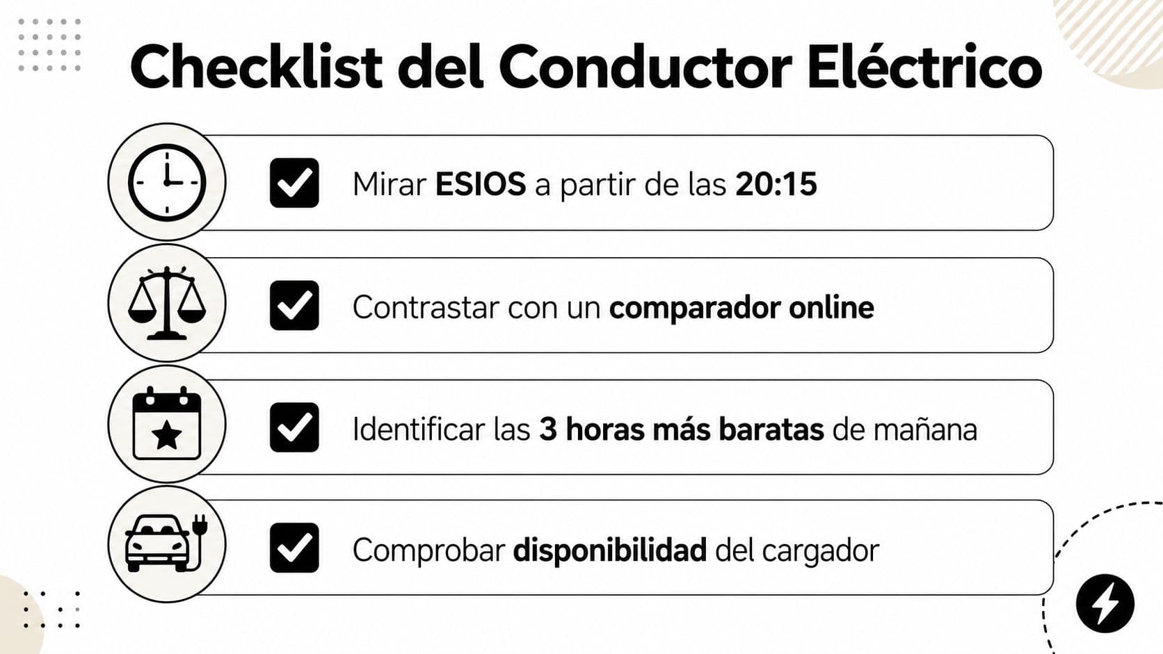 Lista de verificación para conductores de vehículos eléctricos sobre cómo optimizar la carga y ahorrar energía.