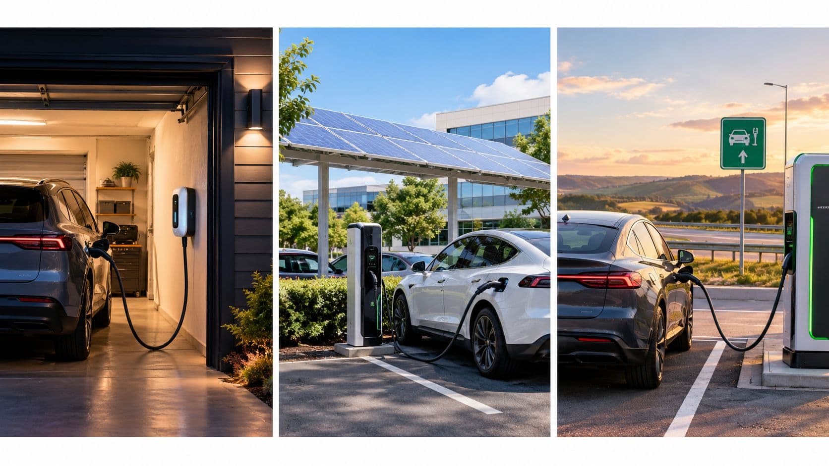 Tres paneles que muestran diferentes escenarios de carga para coches eléctricos en hogares, empresas y carreteras.