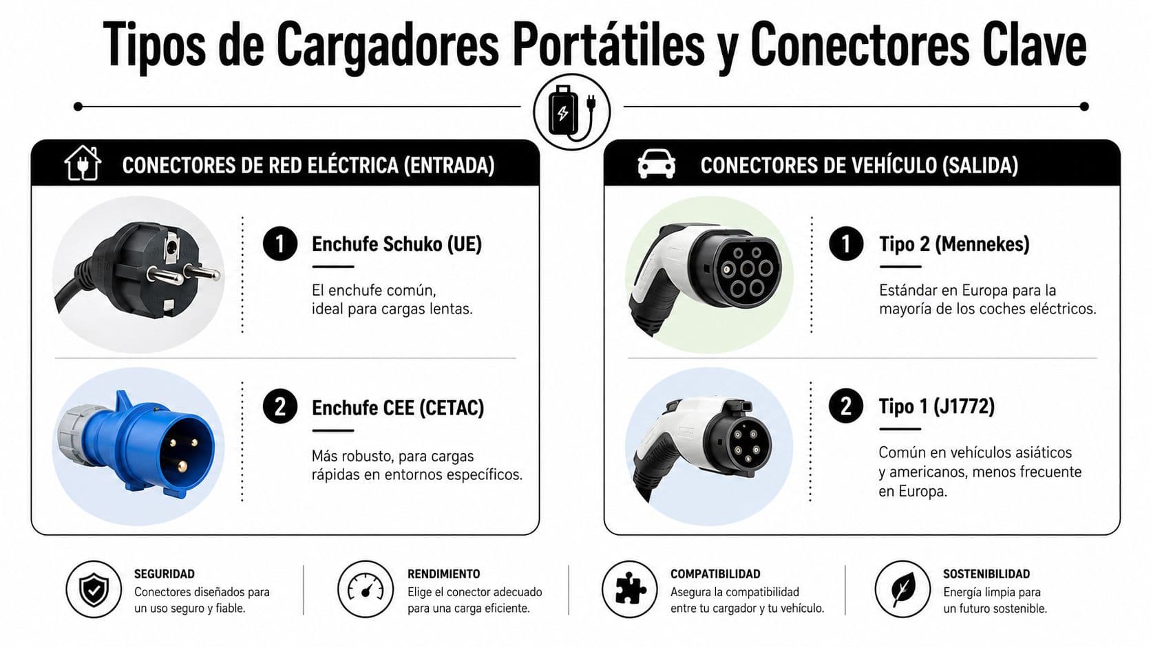Infografía sobre los tipos de conectores de red y vehículo para cargar coches eléctricos de forma segura.
