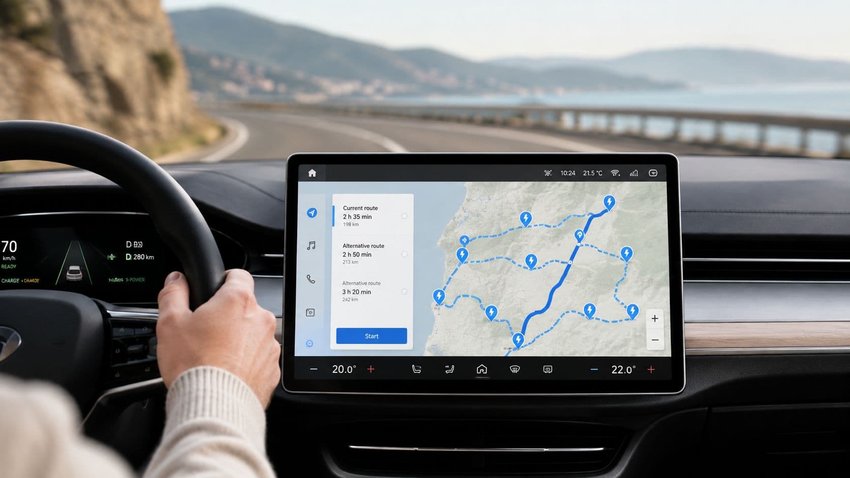 Pantalla de infoentretenimiento de un coche mostrando una ruta de navegación con estaciones de carga eléctrica.