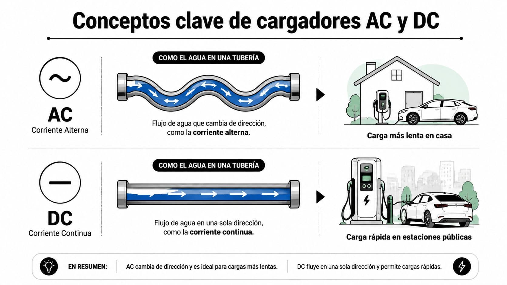 Infografía comparativa que explica las diferencias entre la carga de vehículos eléctricos con corriente alterna y continua.
