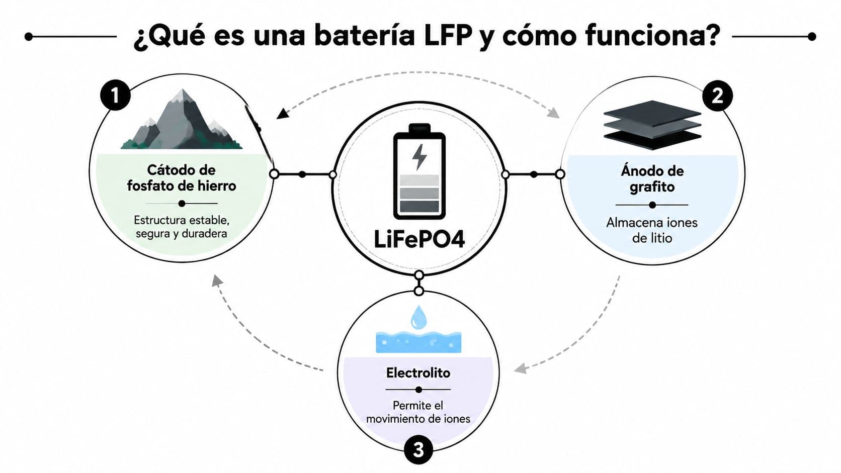Diagrama explicativo sobre los componentes y el funcionamiento de una batería de litio fosfato ferroso LFP.