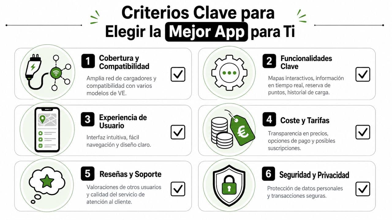 Infografía con seis criterios esenciales para elegir la mejor aplicación para cargar vehículos eléctricos de forma eficiente.