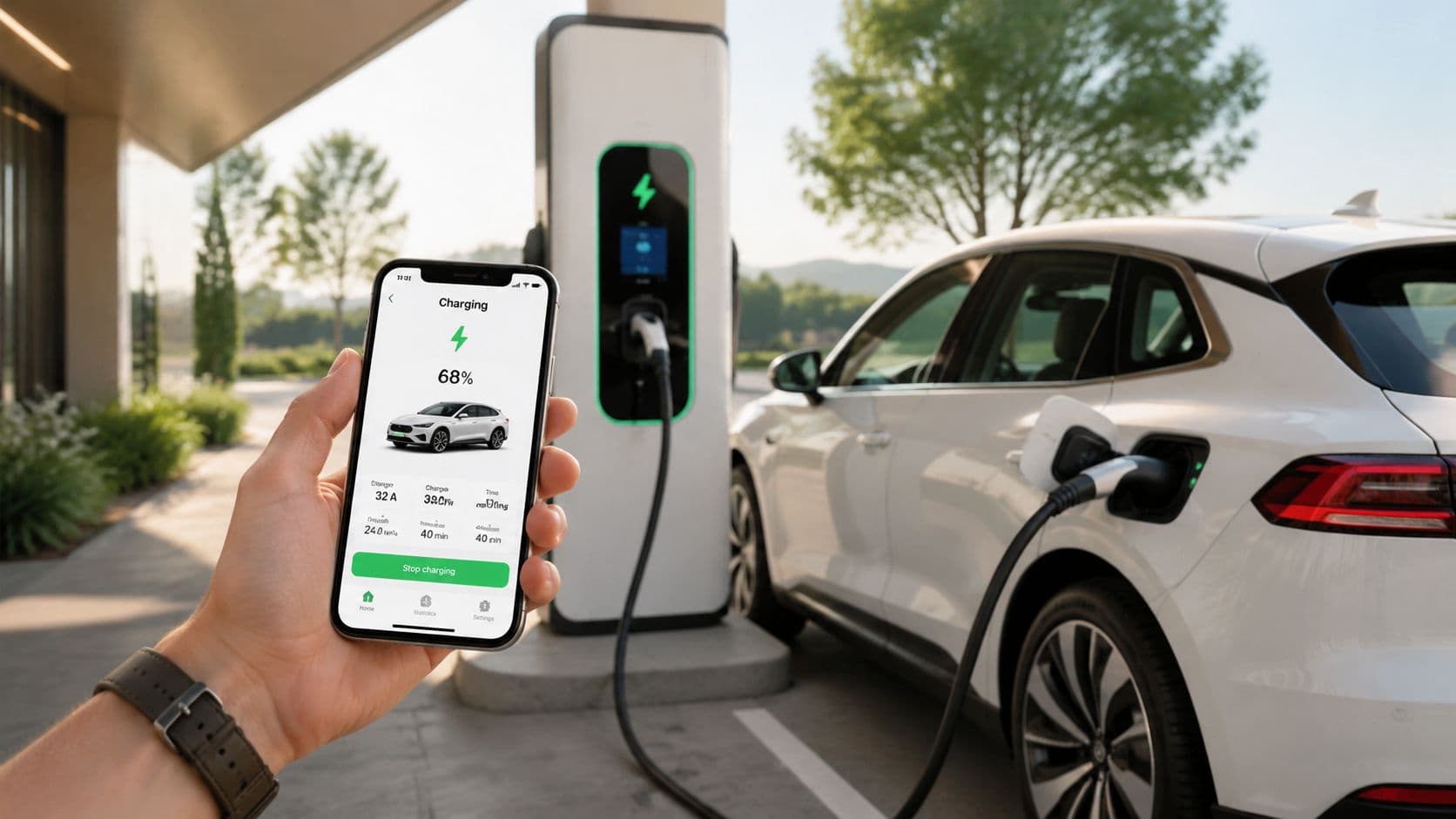 Una mano sosteniendo un teléfono inteligente mostrando una aplicación de carga de vehículos eléctricos con un coche cargándose