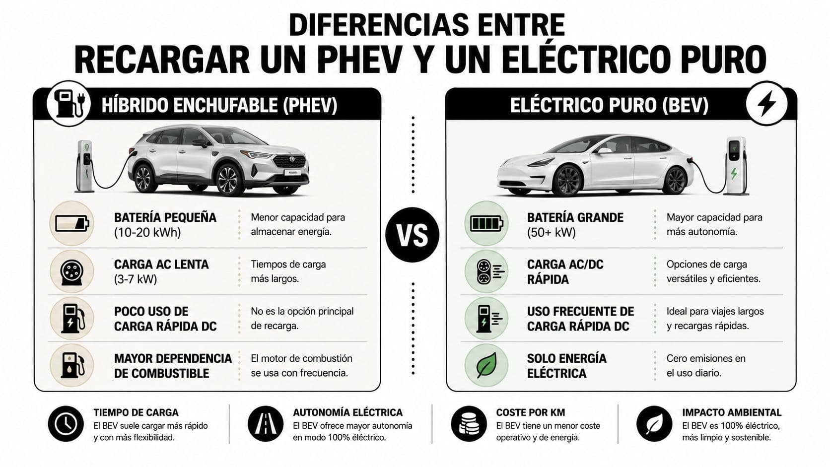 Infografía comparativa que muestra las diferencias en la recarga entre un vehículo híbrido enchufable y un eléctrico puro.
