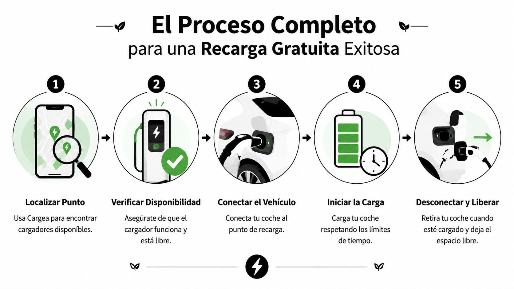 Infografía que muestra los cinco pasos sencillos para realizar una recarga gratuita de tu coche eléctrico.