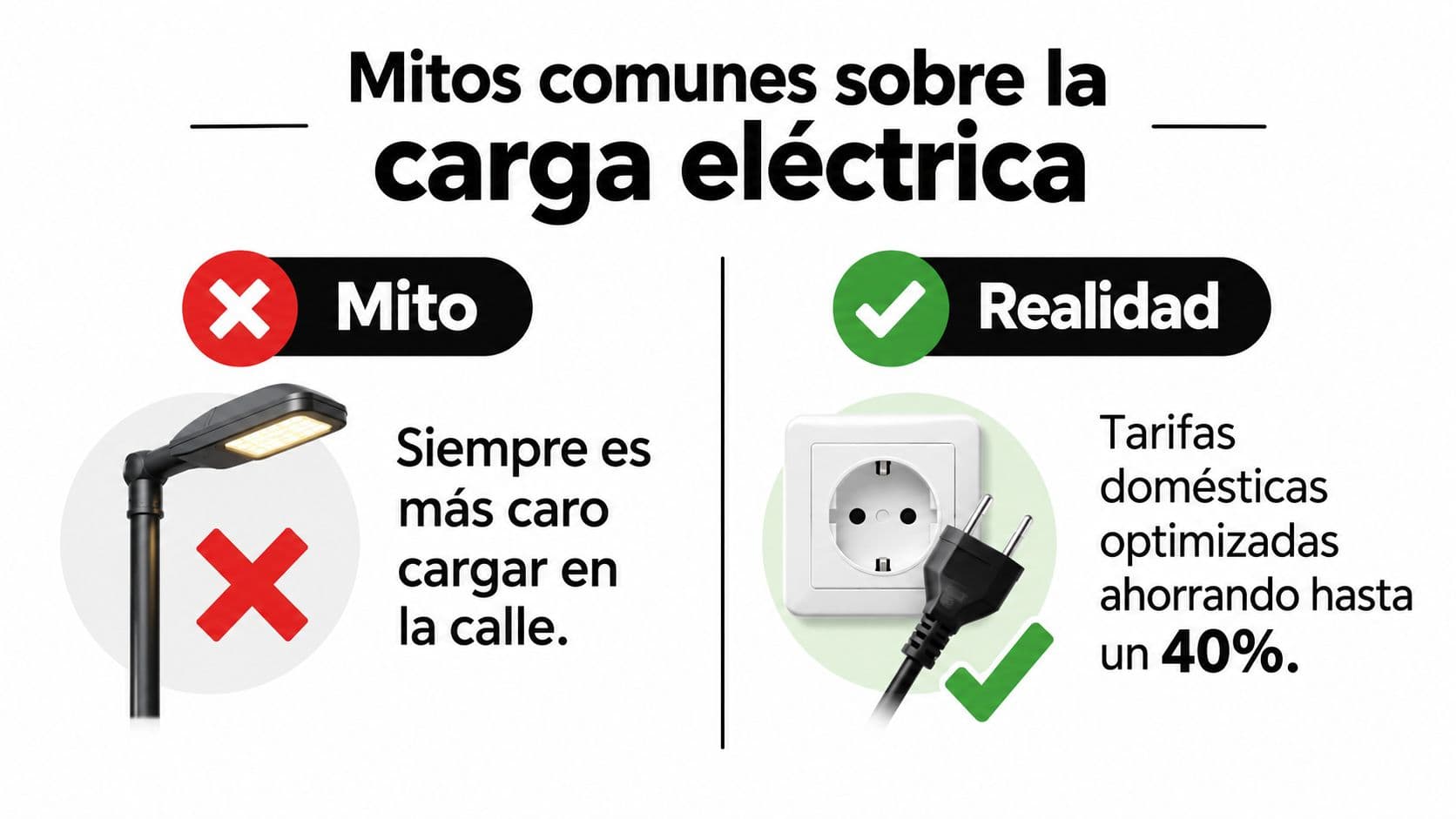 Imagen infográfica comparativa sobre mitos y realidades del precio de la carga eléctrica para vehículos.