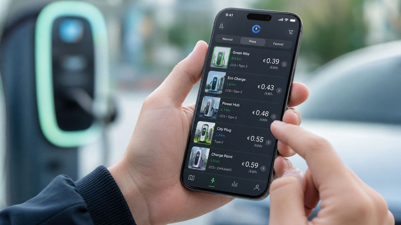 Una persona sosteniendo un teléfono inteligente con una aplicación de carga para vehículos eléctricos mostrando precios y estaciones.