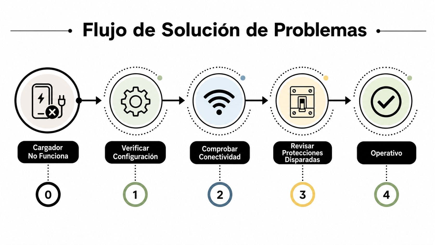 Diagrama de flujo de solución de problemas para una estación de carga, indicando pasos numerados del cero al cuatro.
