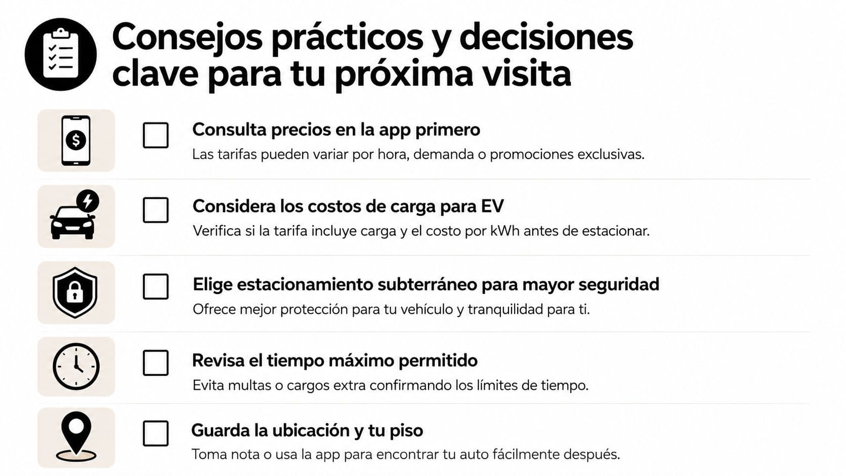 Lista de consejos prácticos y decisiones clave para optimizar la experiencia al usar un estacionamiento público
