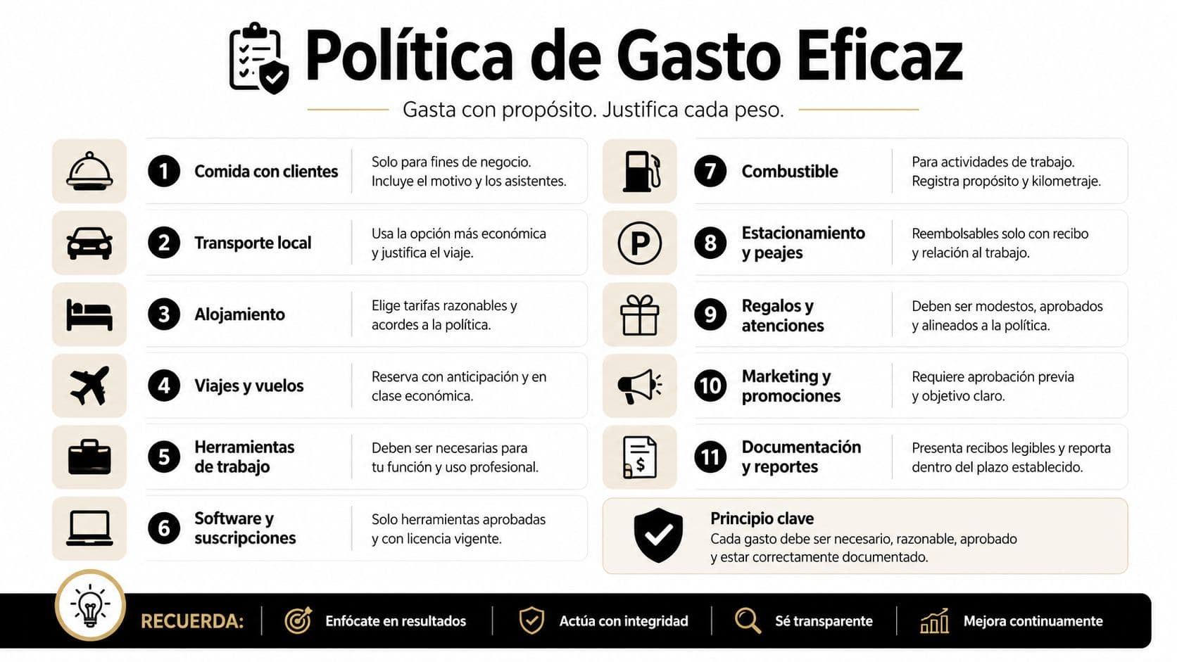 Infografía sobre la política de gastos eficaces para empleados detallando normas de reporte y justificación de costos.