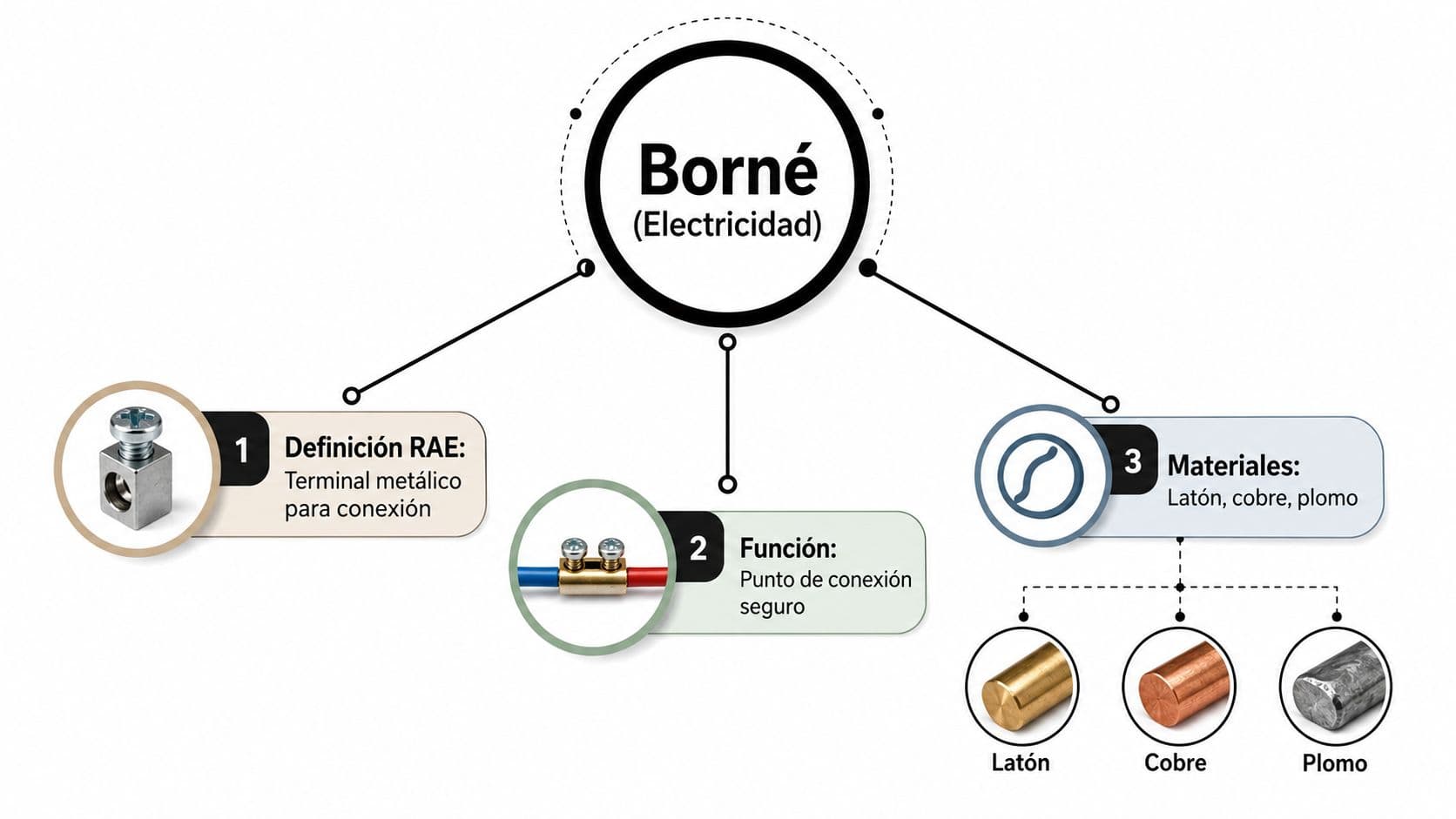 Diagrama explicativo sobre qué es un borne eléctrico, detallando su definición, función y materiales comunes utilizados.