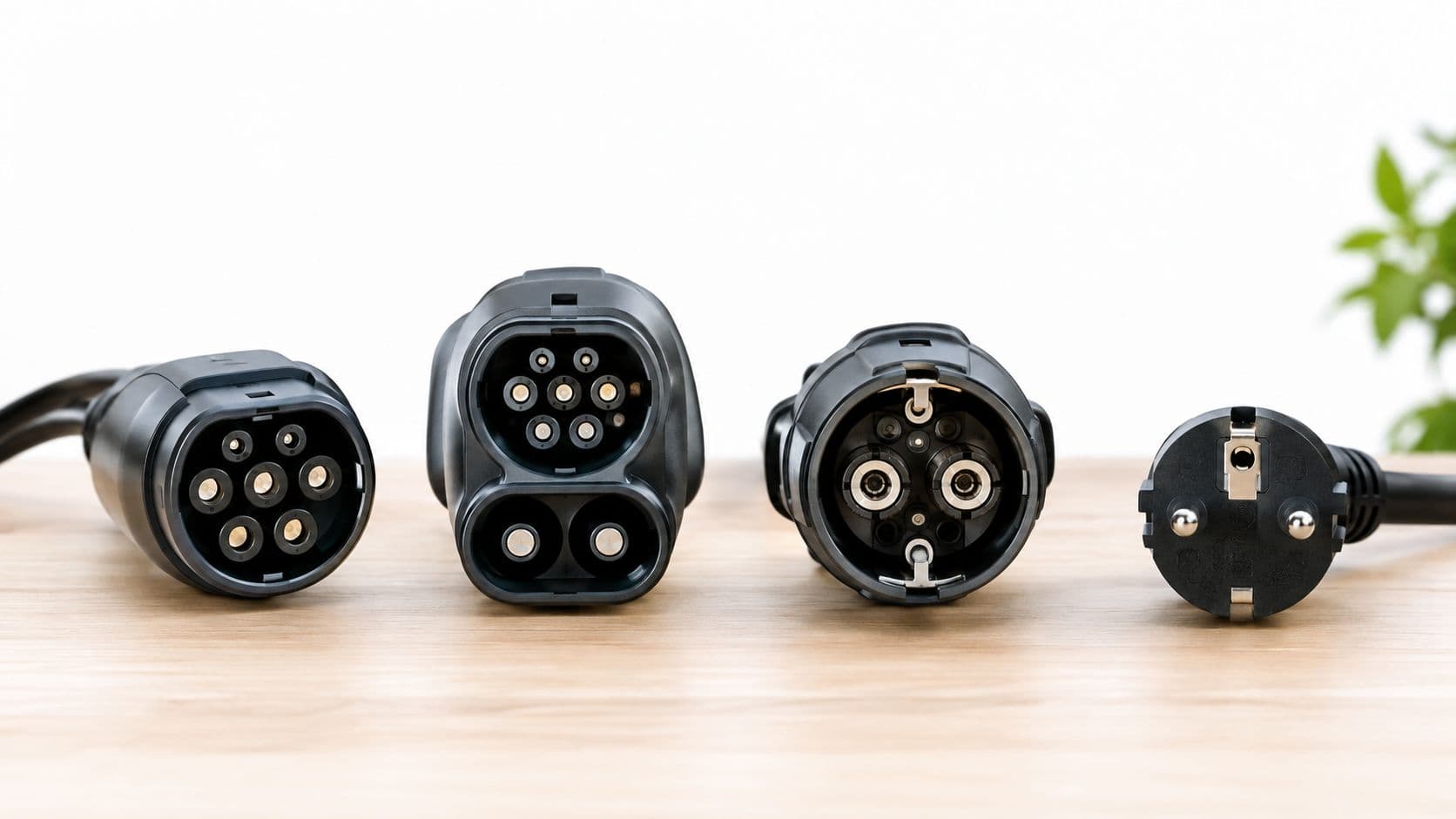 Cuatro tipos diferentes de conectores de carga para vehículos eléctricos alineados sobre una mesa de madera.