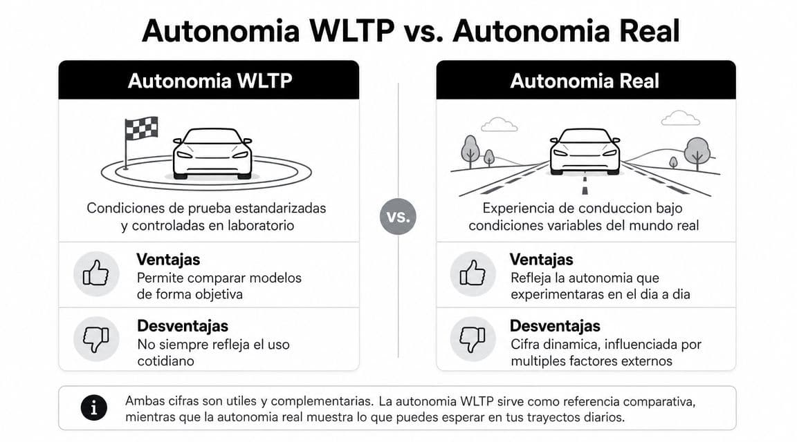 Comparativa entre autonomía WLTP y autonomía real de coches eléctricos, explicando sus diferencias, ventajas y desventajas clave.