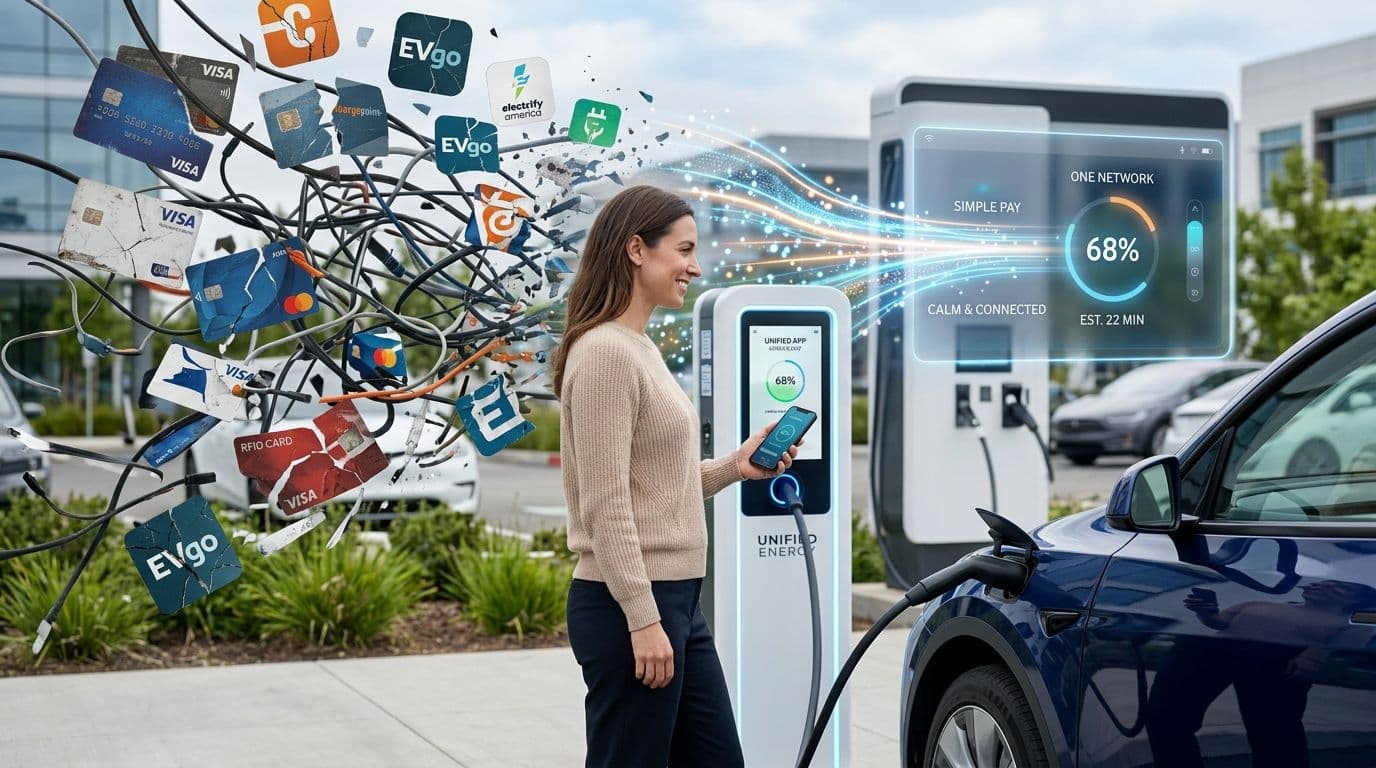Una mujer carga su vehículo eléctrico usando una aplicación unificada para simplificar múltiples métodos de pago.