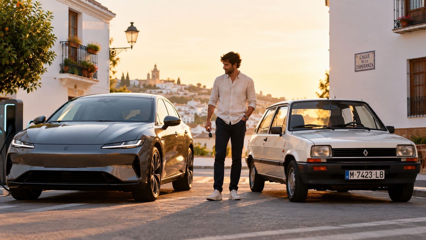Un hombre joven de pie entre un coche eléctrico moderno y un coche clásico de gasolina.