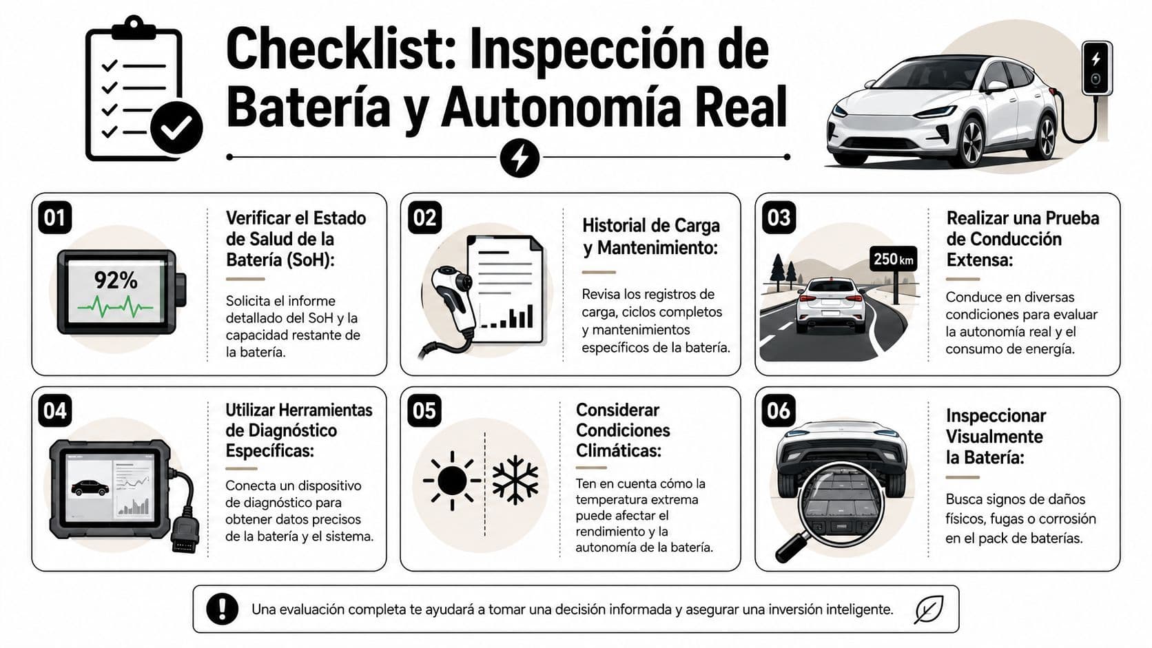 Infografía con una lista de verificación para inspeccionar la batería y autonomía real de coches eléctricos usados.
