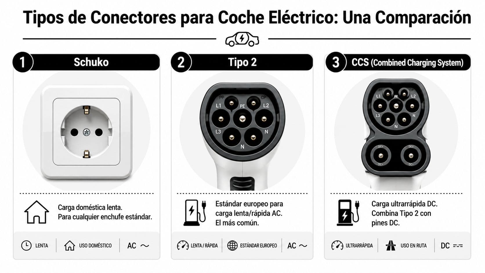 Infografía comparativa que detalla los tres tipos de conectores para la carga de coches eléctricos actuales.