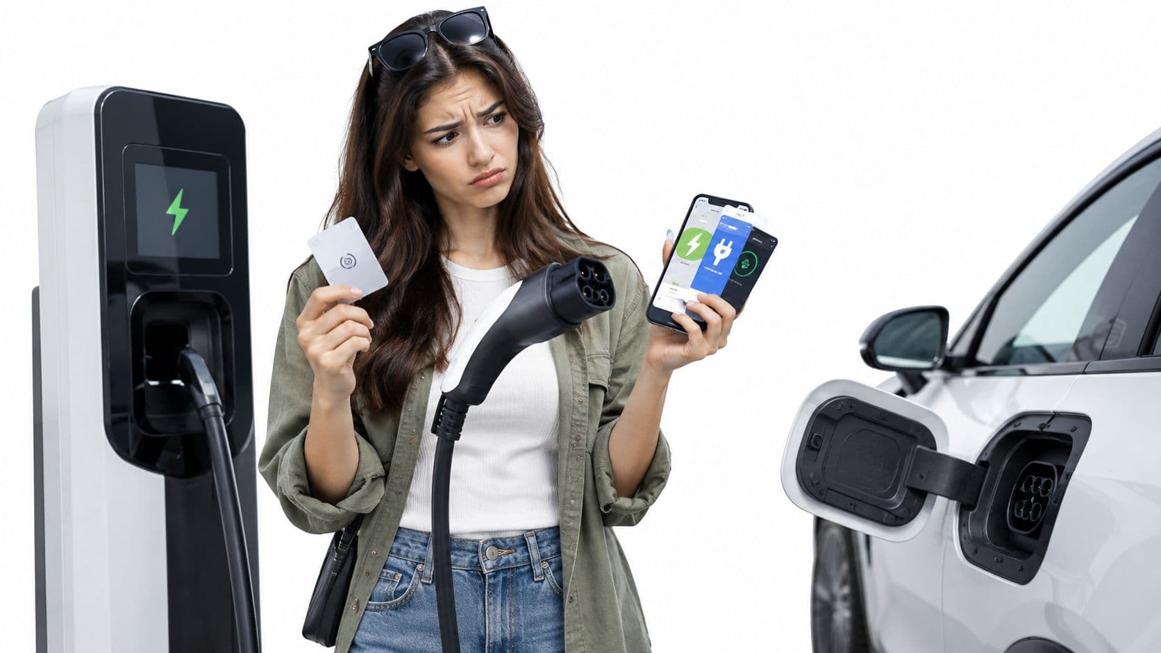 Una mujer confundida sostiene una tarjeta de pago y un teléfono móvil frente a un cargador de coche.