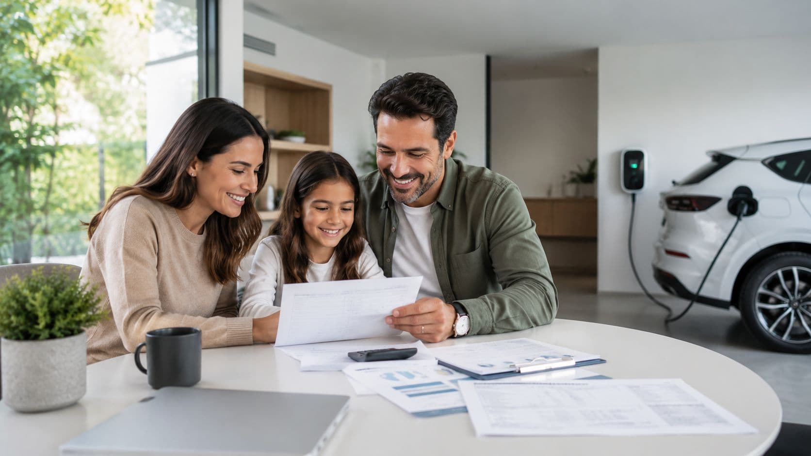 Una familia feliz revisa documentos financieros en casa junto a su coche eléctrico conectado a un cargador.