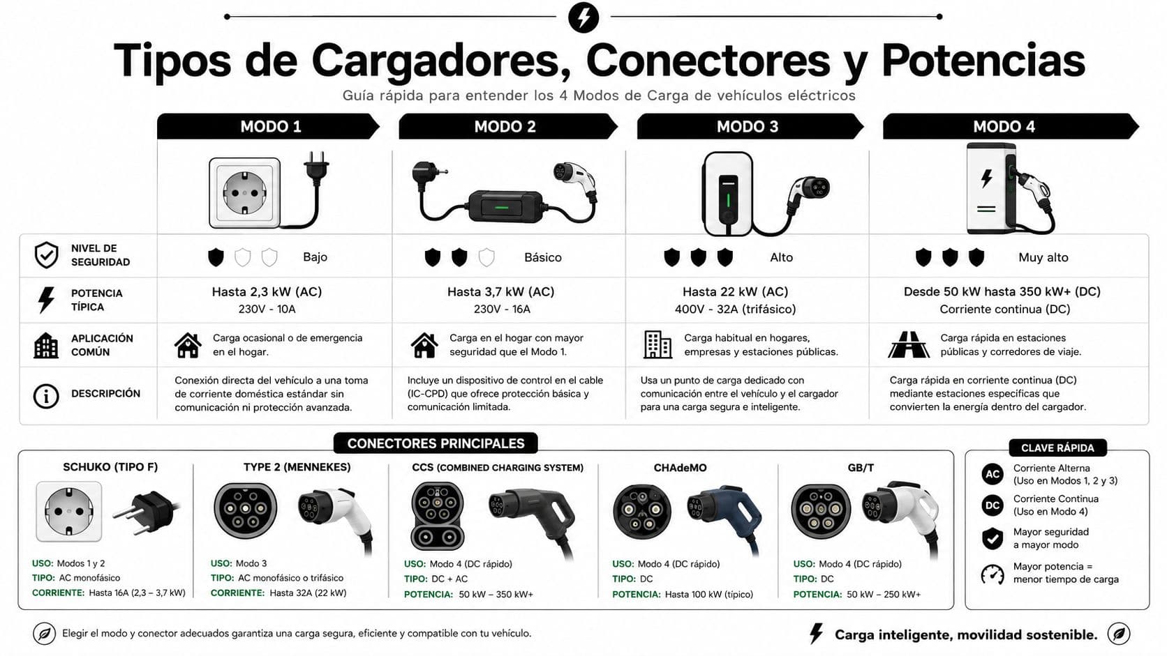 Infografía técnica sobre los 4 modos de carga de vehículos eléctricos y sus conectores compatibles.