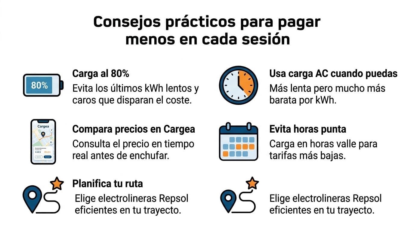 Infografía con consejos prácticos para ahorrar dinero al cargar un vehículo eléctrico en electrolineras Repsol.